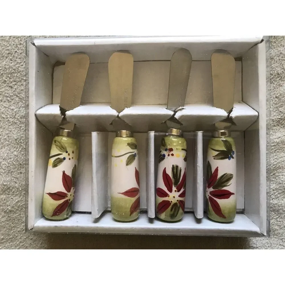 Holiday Corsica Cheese Spreader Set Poinsettia Pattern New In Box